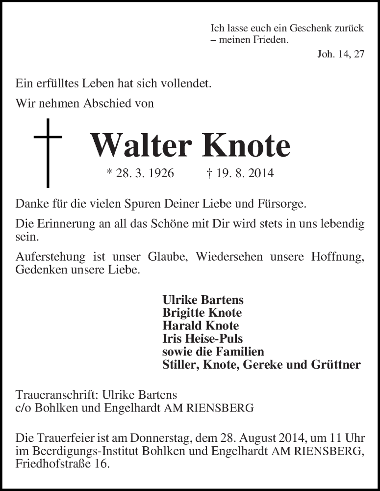 Traueranzeige von Walter Knote von WESER-KURIER