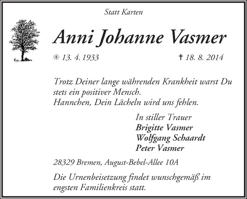 Traueranzeige von Anni Johanne Vasmer von WESER-KURIER