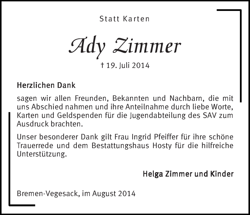 Traueranzeige von Ady Zimmer von Die Norddeutsche