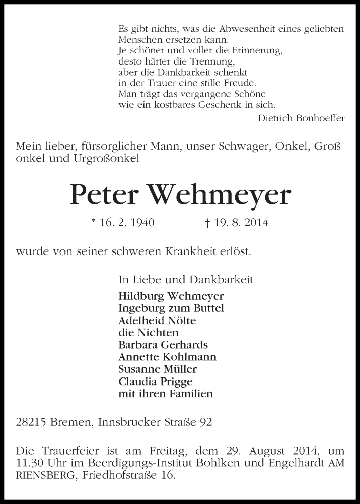Traueranzeige von Peter Wehmeyer von WESER-KURIER