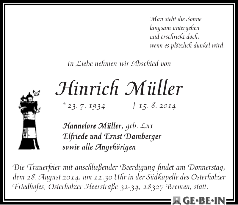 Traueranzeige von Hinrich Müller von WESER-KURIER