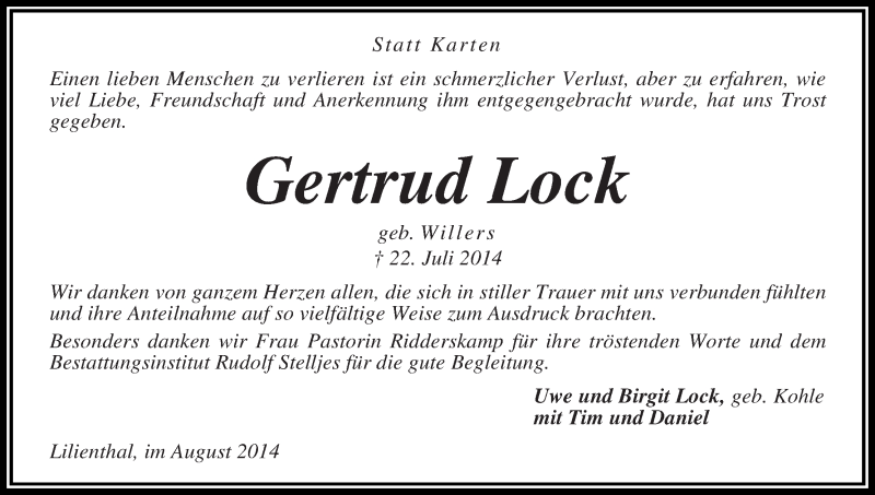 Traueranzeige von Gertrud Lock von Wuemme Zeitung