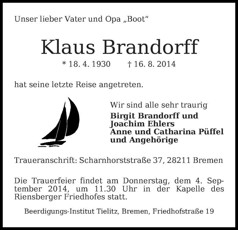 Traueranzeige von Klaus Brandorff von WESER-KURIER
