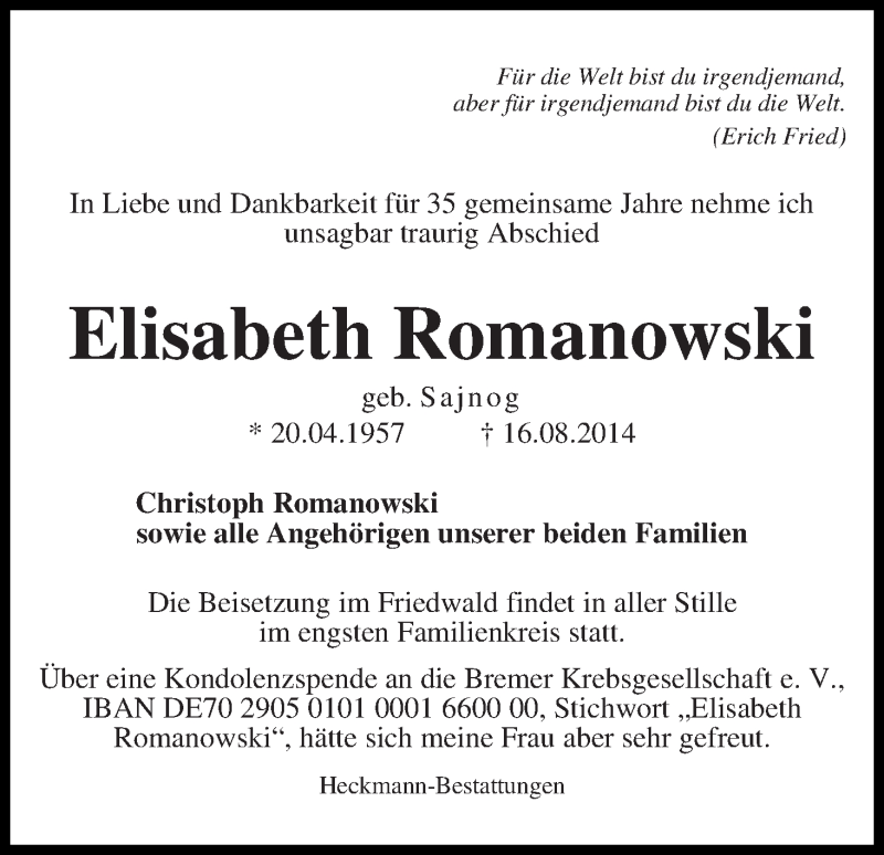 Traueranzeige von Elisabeth Romanowski von Die Norddeutsche