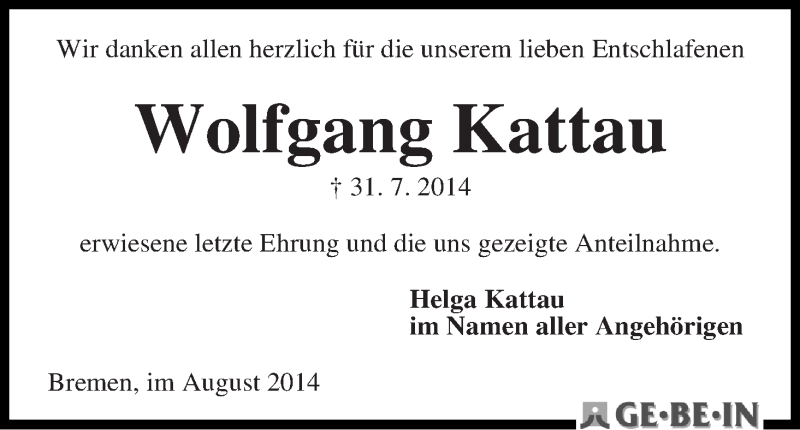 Traueranzeige von Wolfgang Kattau von WESER-KURIER