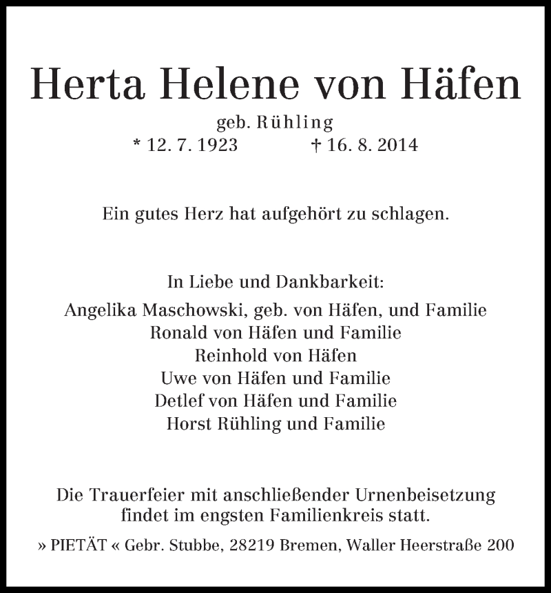 Traueranzeige von Herta Helene von Häfen von WESER-KURIER