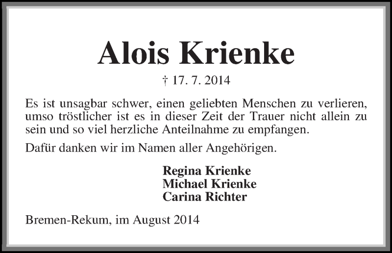Traueranzeige von Alois Krienke von Die Norddeutsche