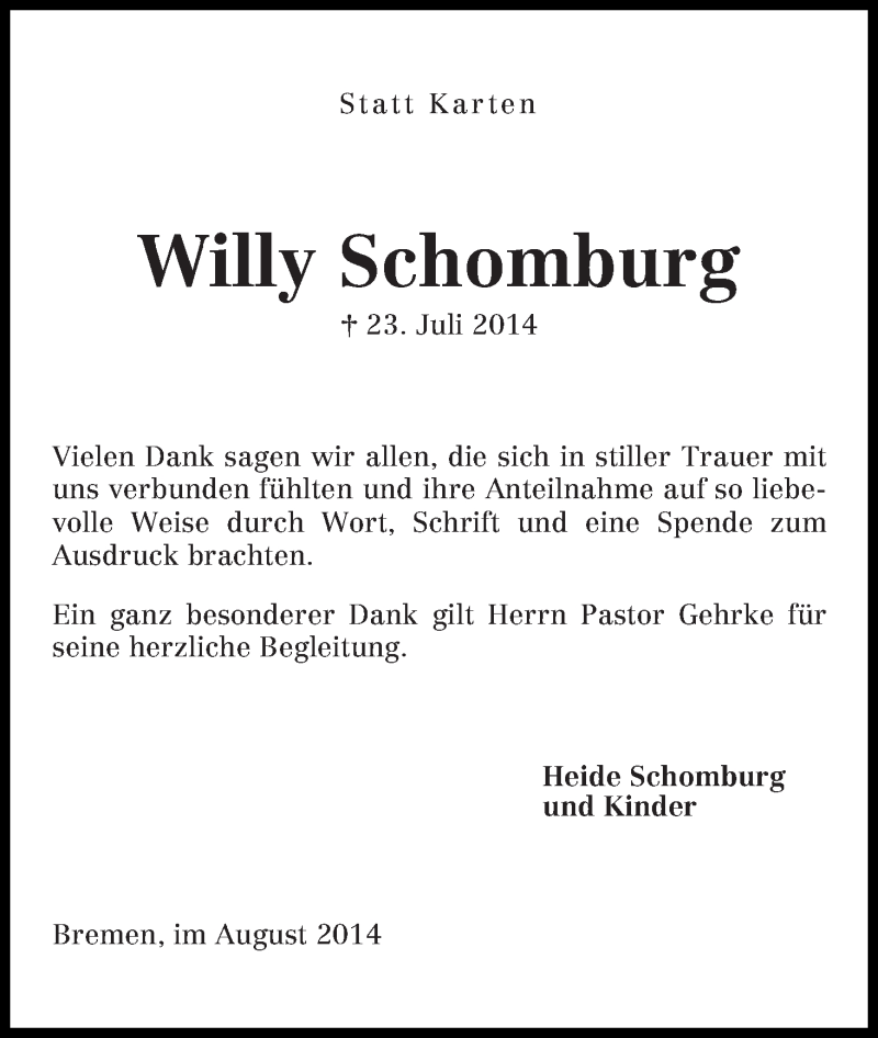 Traueranzeige von Willy Schomburg von WESER-KURIER