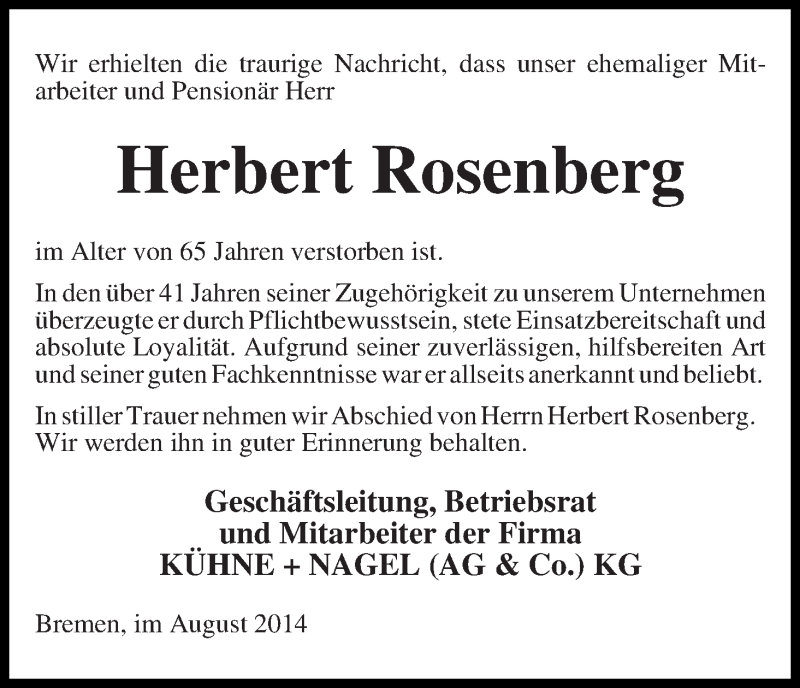 Traueranzeige von Herbert Rosenberg von WESER-KURIER