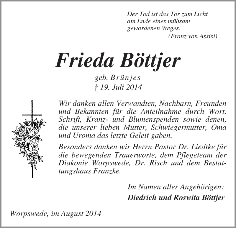 Traueranzeige von Frieda Böttjer von Wuemme Zeitung