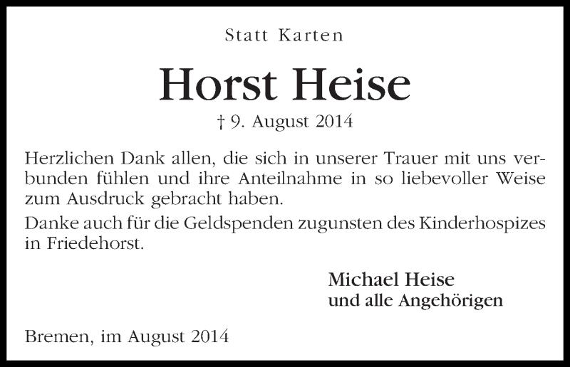 Traueranzeige von Horst Heise von WESER-KURIER