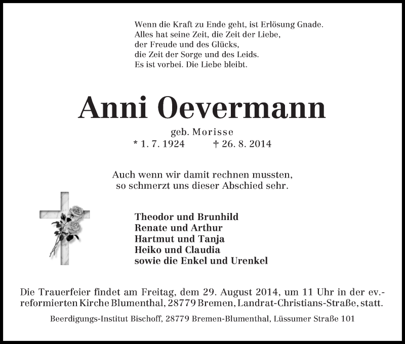 Traueranzeige von Anni Oevermann von Die Norddeutsche