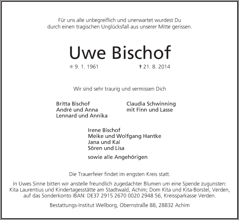 Traueranzeige von Uwe Bischof von WESER-KURIER
