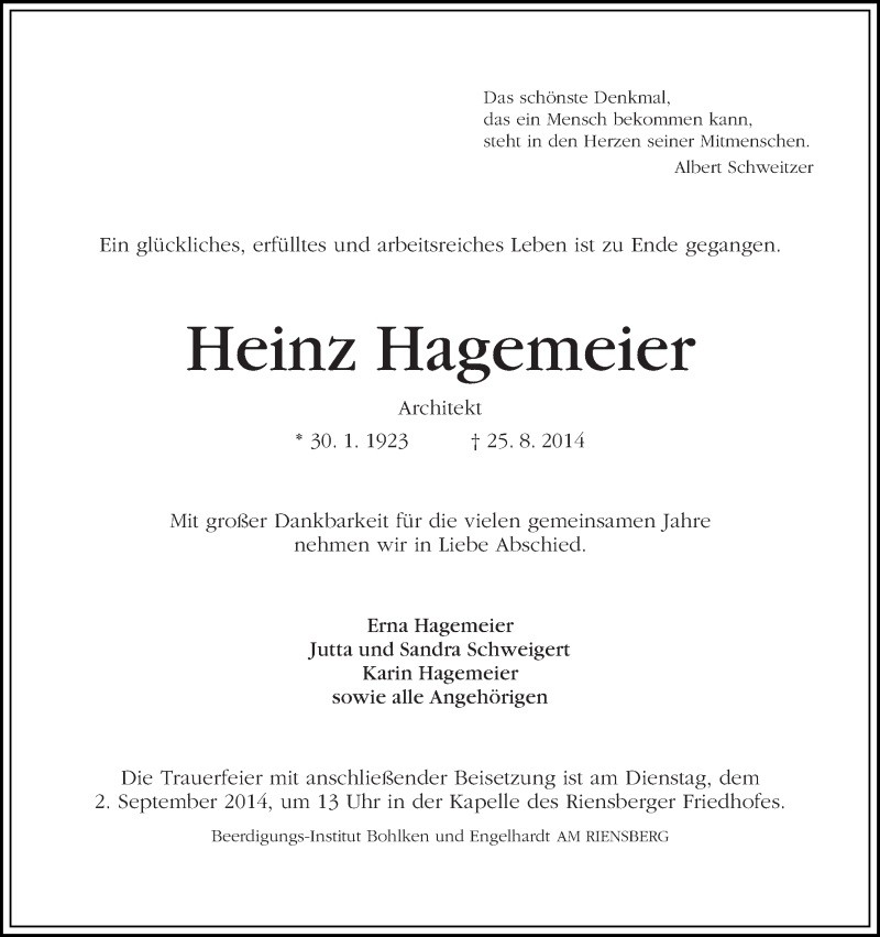 Traueranzeige von Heinz Hagemeier von WESER-KURIER