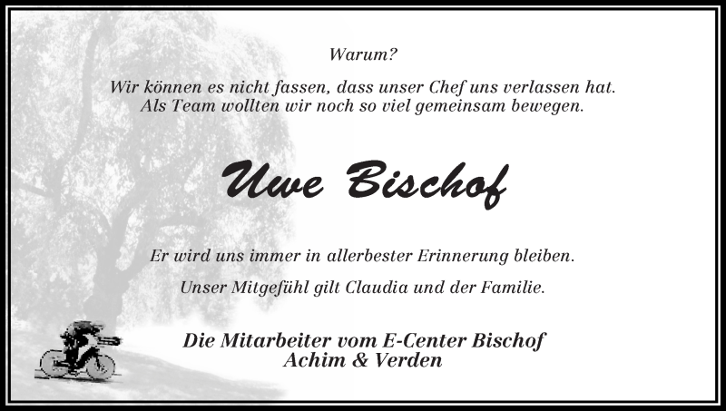 Traueranzeige von Uwe Bischof von Achimer Kurier/Verdener Nachrichten