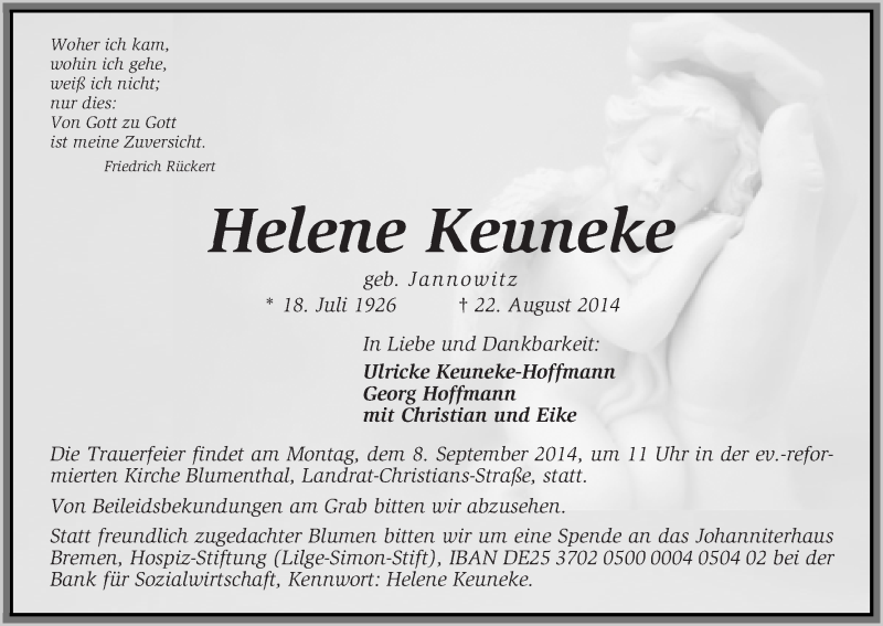 Traueranzeige von Helene Keuneke von Die Norddeutsche