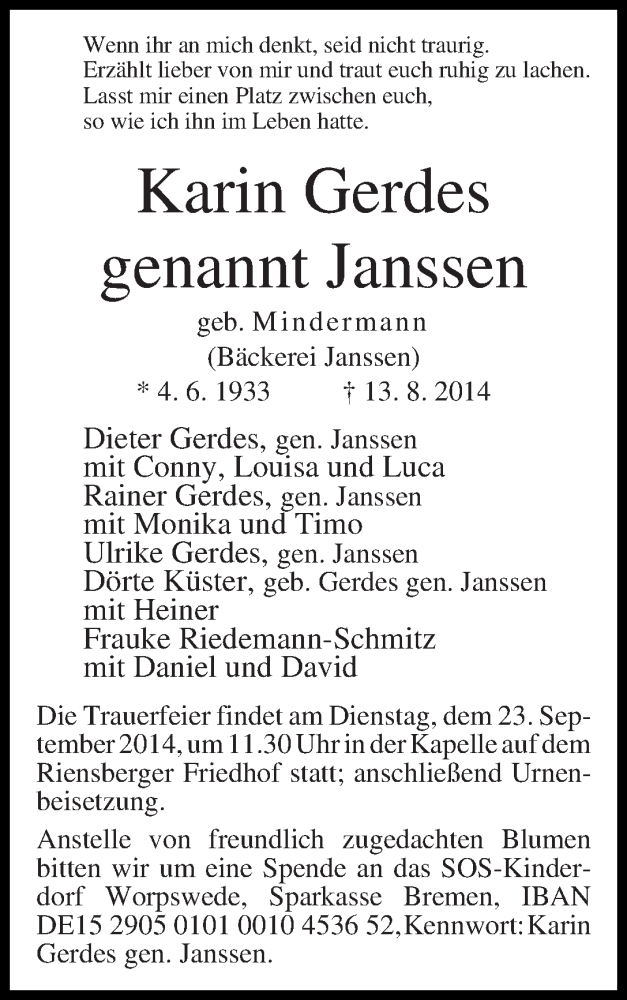 Traueranzeige von Karin Gerdes genannt Janssen von WESER-KURIER