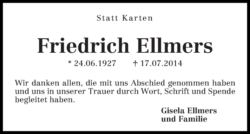 Traueranzeige von Friedrich Ellmers von WESER-KURIER