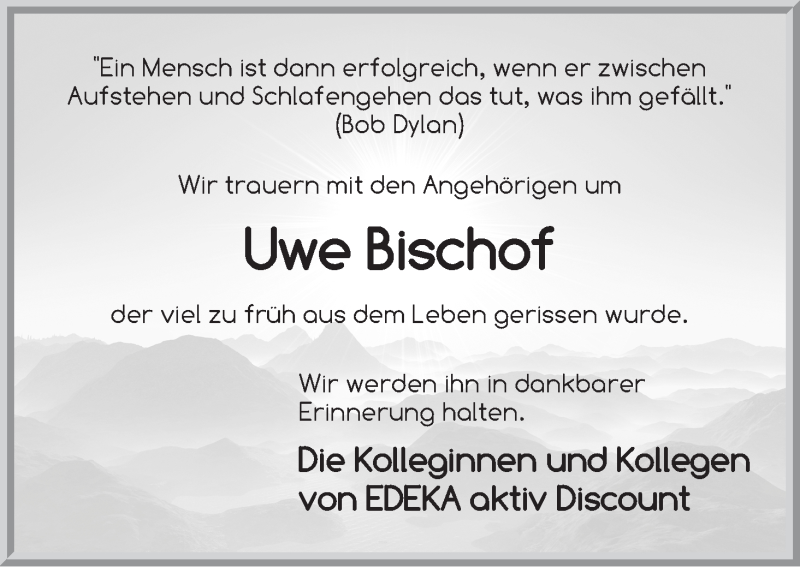 Traueranzeige von Uwe Bischof von WESER-KURIER