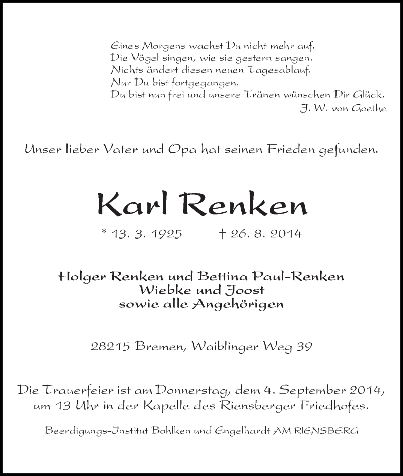 Traueranzeige von Karl Renken von WESER-KURIER