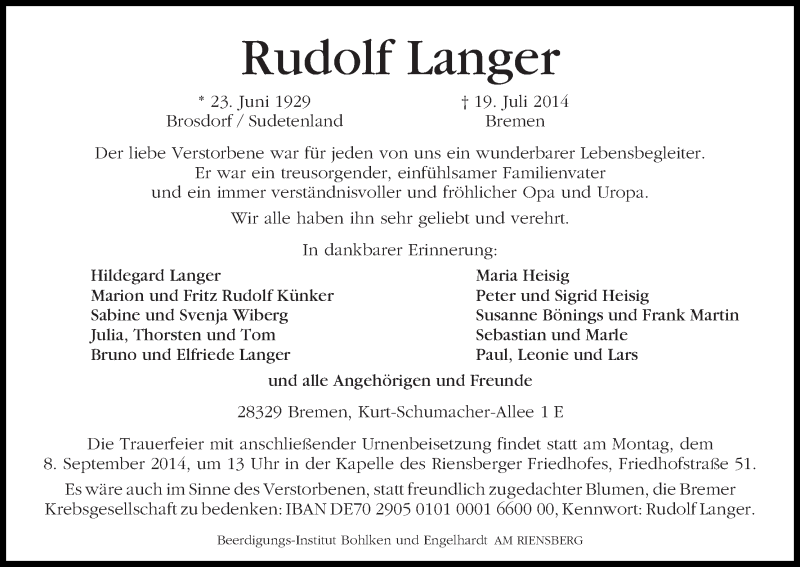 Traueranzeige von Rudolf Langer von WESER-KURIER