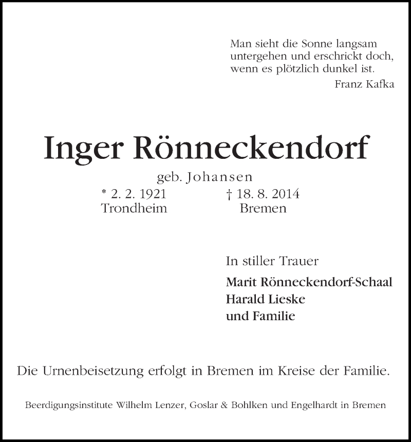 Traueranzeige von Inger Rönneckendorf von WESER-KURIER