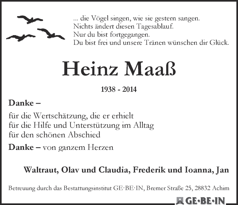 Traueranzeige von Heinz Maaß von WESER-KURIER