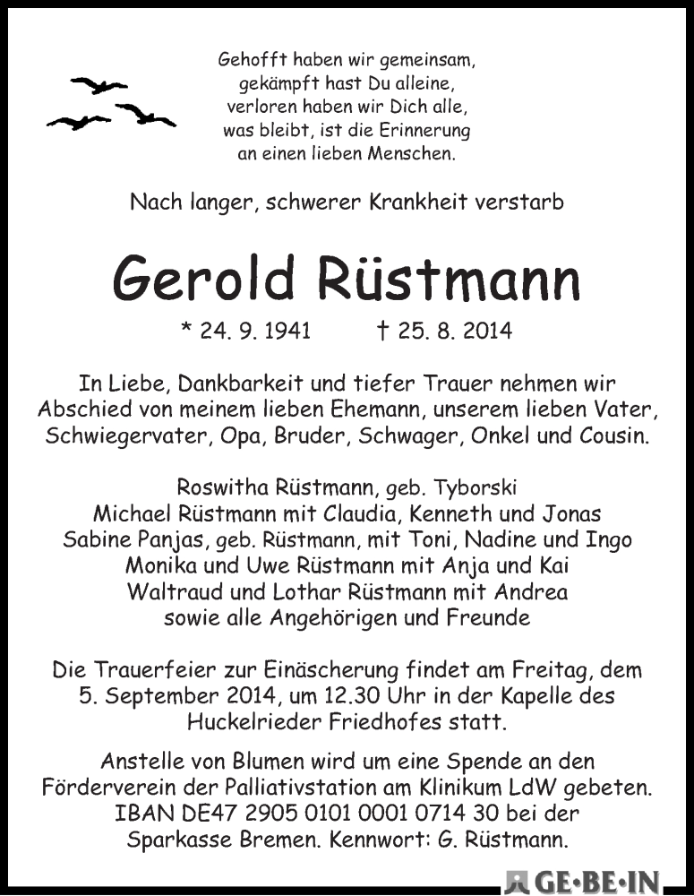 Traueranzeige von Gerold Rüstmann von WESER-KURIER