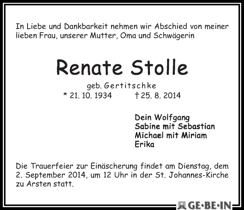 Traueranzeige von Renate Stolle von WESER-KURIER