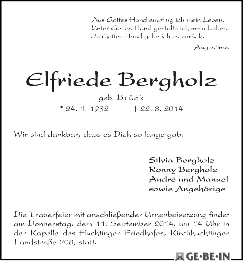 Traueranzeige von Elfriede Bergholz von WESER-KURIER