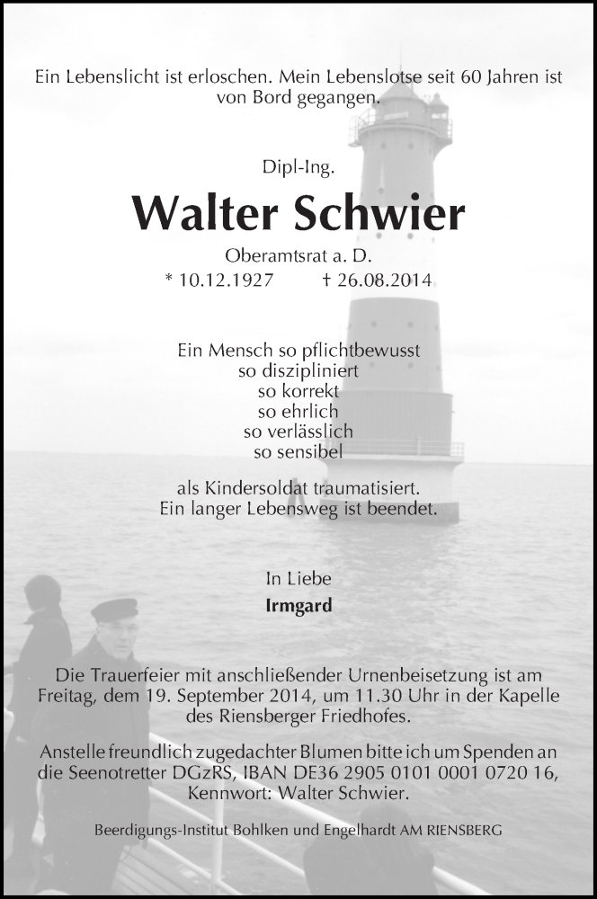 Traueranzeige von Walter Schwier von WESER-KURIER