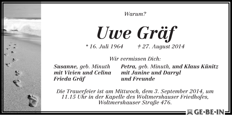 Traueranzeige von Uwe Gräf von WESER-KURIER