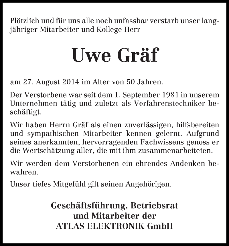 Traueranzeige von Uwe Gräf von WESER-KURIER