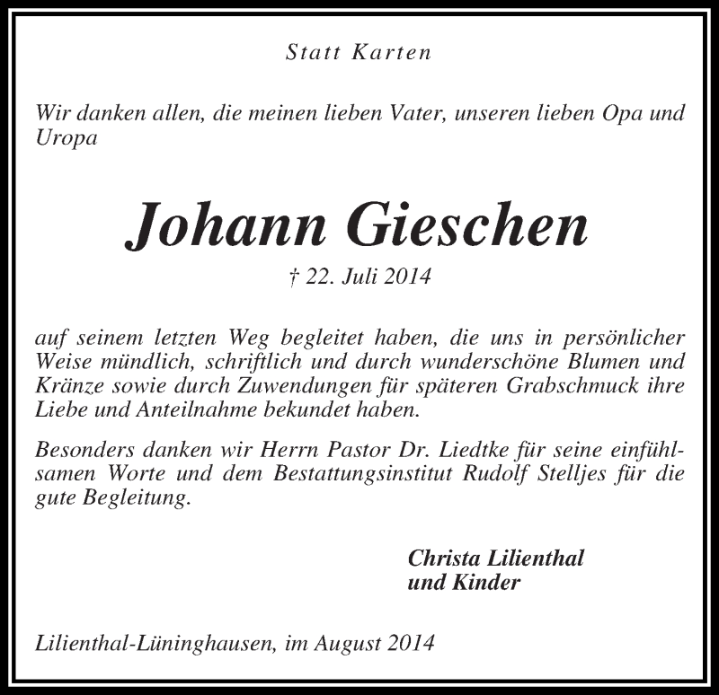 Traueranzeige von Johann Gieschen von Wuemme Zeitung