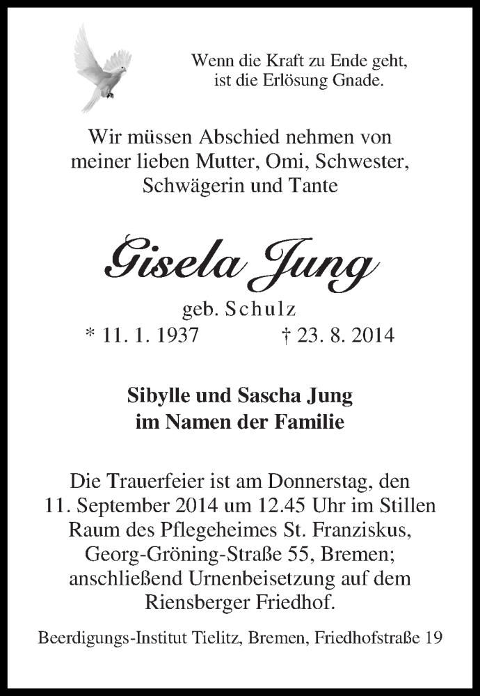 Traueranzeige von Gisela Jung von WESER-KURIER