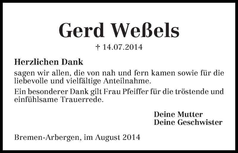 Traueranzeige von Gerd Weßels von WESER-KURIER