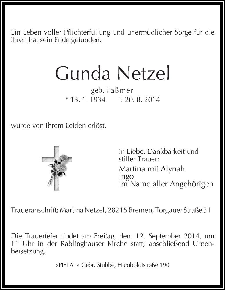 Traueranzeige von Gunda Netzel von WESER-KURIER
