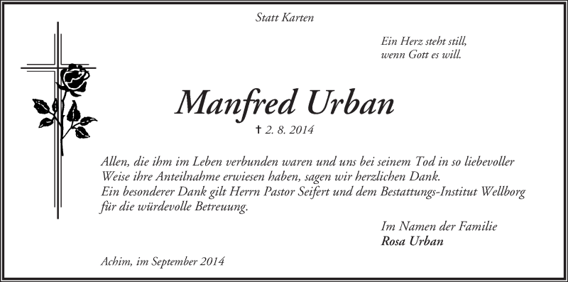 Traueranzeige von Manfred Urban von WESER-KURIER