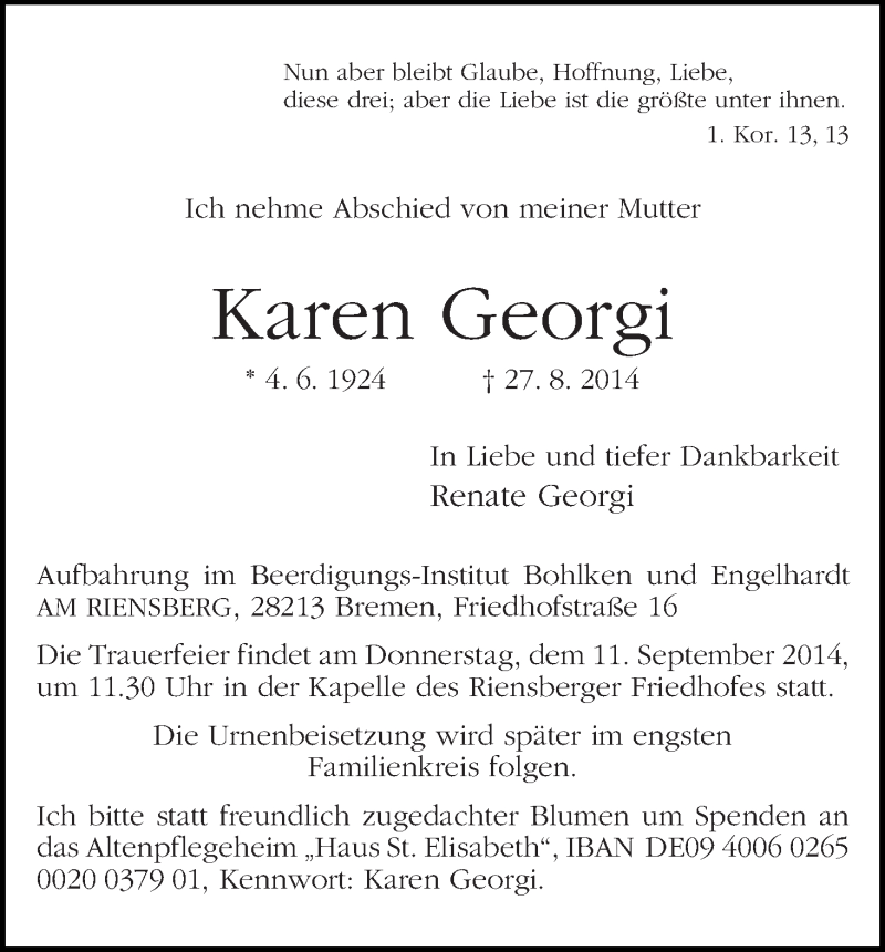 Traueranzeige von Karen Georgi von WESER-KURIER