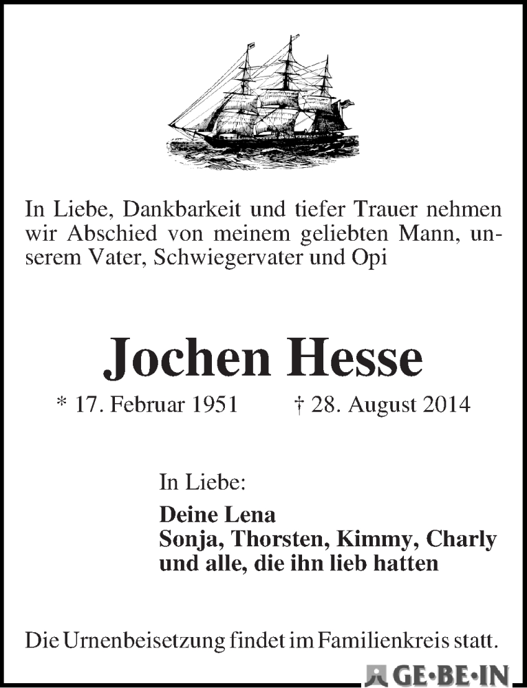 Traueranzeige von Jochen Hesse von WESER-KURIER