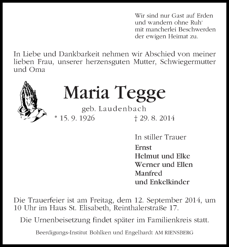Traueranzeige von Maria Tegge von WESER-KURIER
