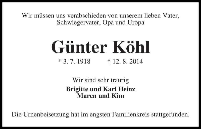 Traueranzeige von Günter Köhl von WESER-KURIER
