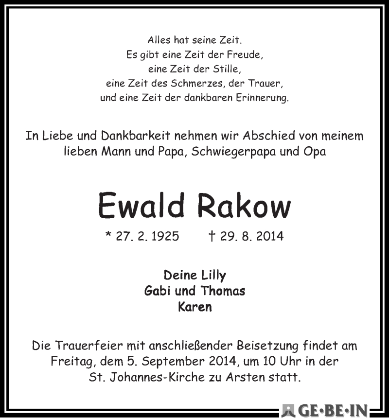 Traueranzeige von Ewald Rakow von WESER-KURIER