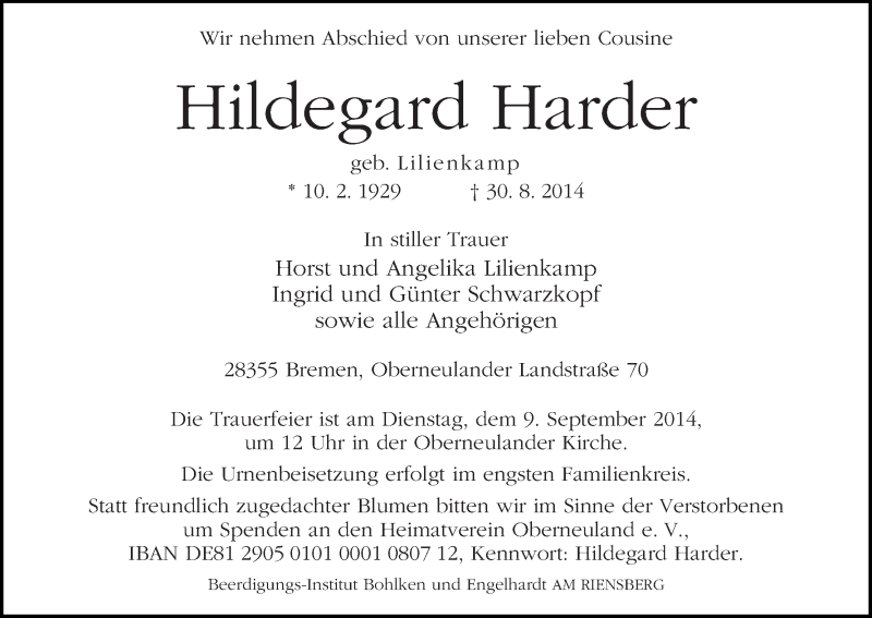 Traueranzeige von Hildegard Harder von WESER-KURIER