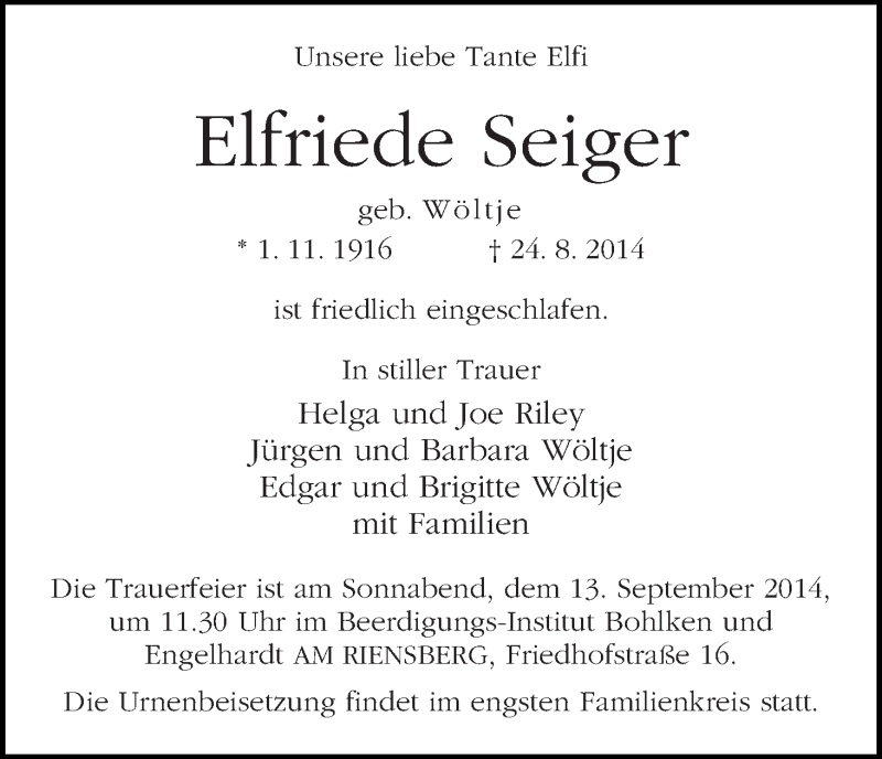 Traueranzeige von Elfriede Seiger von WESER-KURIER