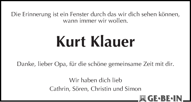 Traueranzeige von Kurt Klauer von WESER-KURIER