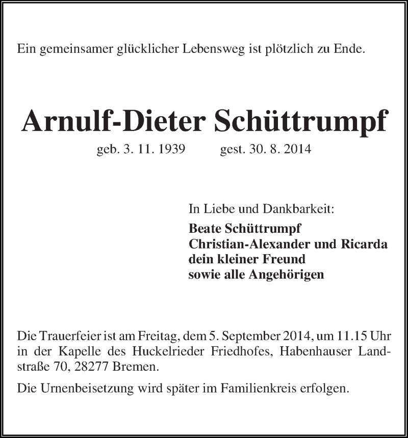 Traueranzeige von Arnulf-Dieter Schüttrumpf von WESER-KURIER