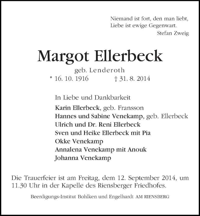 Traueranzeige von Margot Ellerbeck von WESER-KURIER