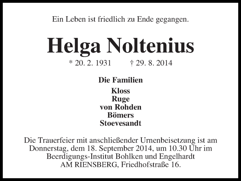 Traueranzeige von Helga Noltenius von WESER-KURIER
