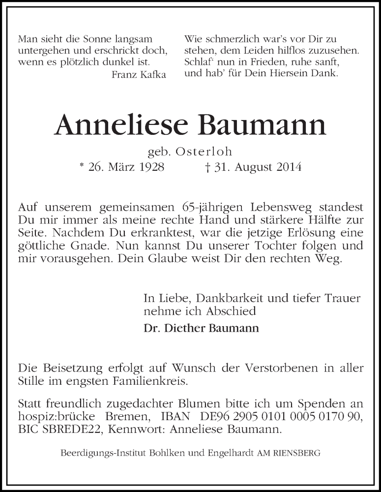 Traueranzeige von Anneliese Baumann von WESER-KURIER